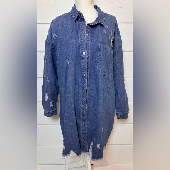 Missguided Plus Super Distressed Hem Denim Shirt Jacket Dress Blue Sz Large ASOS - Picture 4 of 13